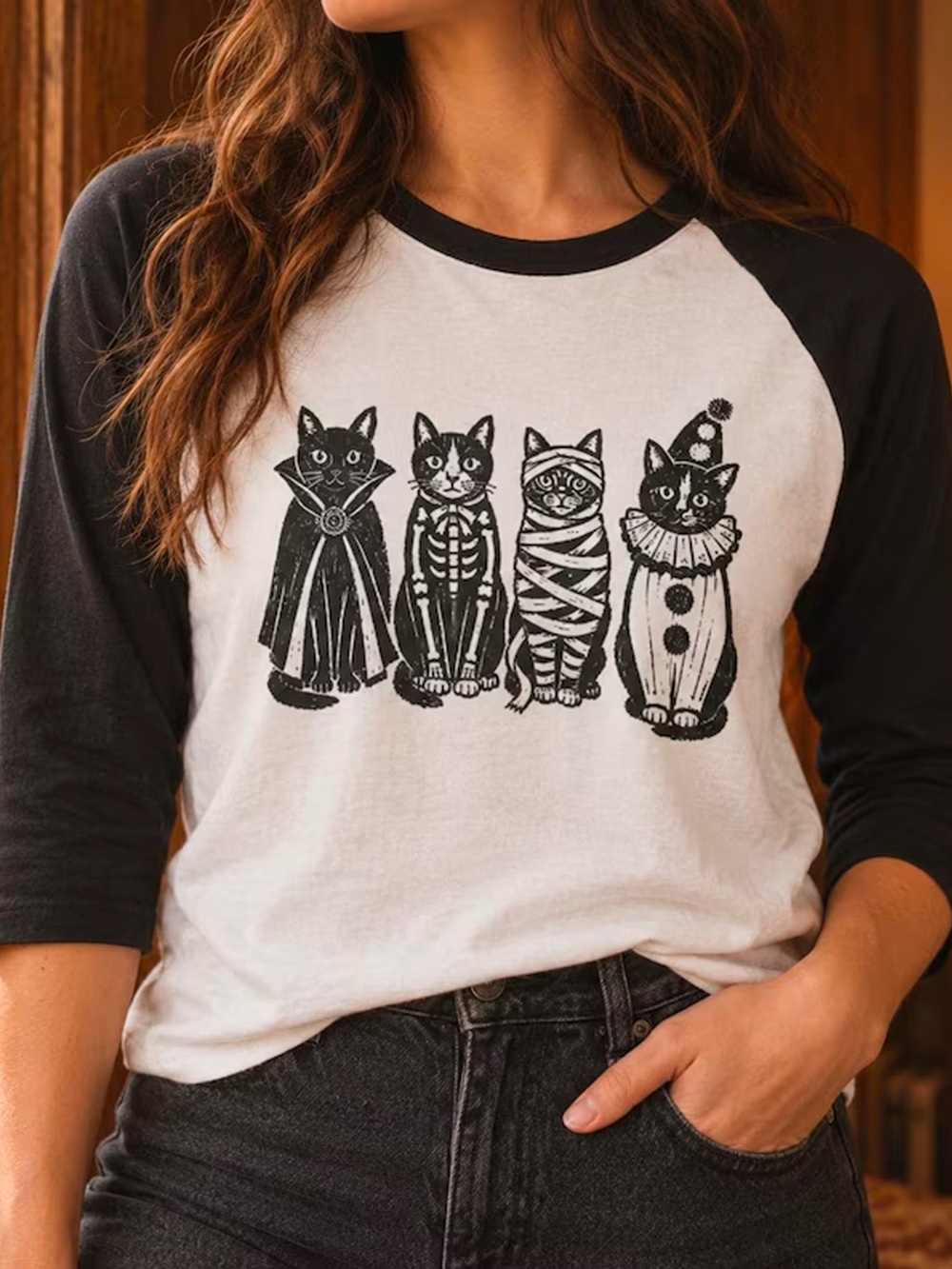 Spooky Black Cat Halloween Costume Raglan Graphic Tee
